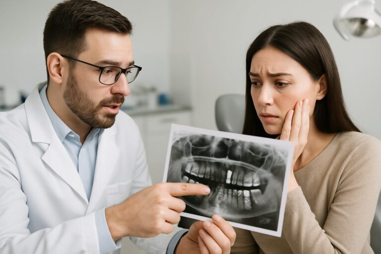 Photo of a dentist explaining potential dental implant risks to a concerned patient while pointing to an x-ray. The image conveys a sense of transparency and patient education. No text on the image.