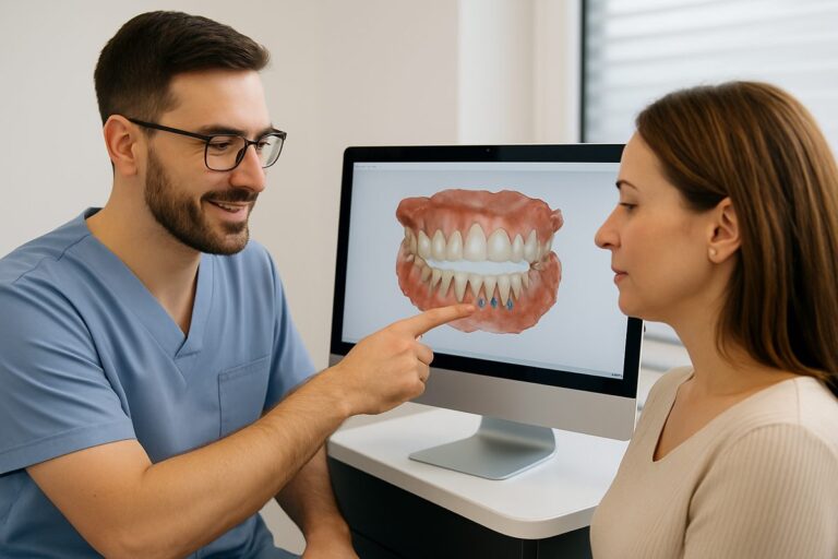 A dentist is showing a patient a digital scan of their mouth, while pointing to where the implant supported dentures would be placed. No text on the image.