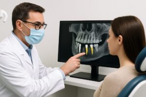 Image of a dentist consulting with a patient, pointing to a 3D scan of the patient's jaw with dental implant placement highlighted. No text on the image.