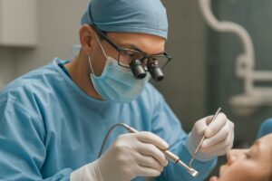 Image of a dentist in a surgical setting, carefully preparing a patient's gums for dentures, with modern dental equipment visible in the background. No text on image.