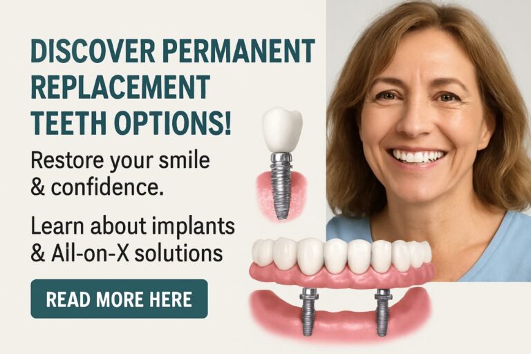 Photo of a smiling senior woman with a full set of permanent replacement teeth. The background is a dark and black. No text on the image.