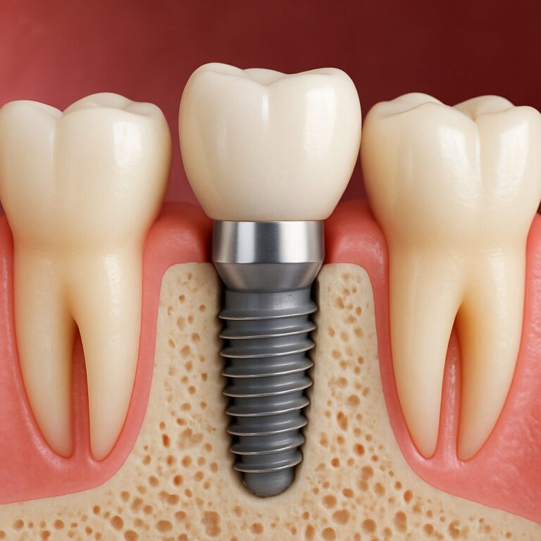 A smiling senior woman is sitting in a dental chair as a dentist examines her mouth. The dentist is pointing to an area where a dental implant could be placed, and a digital scan of the patient's jaw is visible on a nearby computer screen. No text on image.