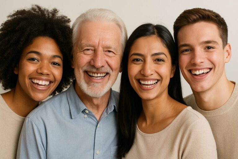 Image of a diverse group of people smiling with beautiful, healthy teeth, showcasing different age groups and ethnicities. No text on the image.