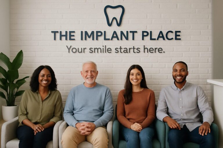 Photo of a modern dental office waiting area with a diverse group of patients smiling and looking comfortable. A sign on the wall reads "The Implant Place: Your smile starts here."