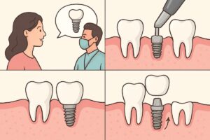 An infographic explaining the process of how dental implants are installed, starting with the consultation, surgical placement, healing, and final restoration. No text on the image.