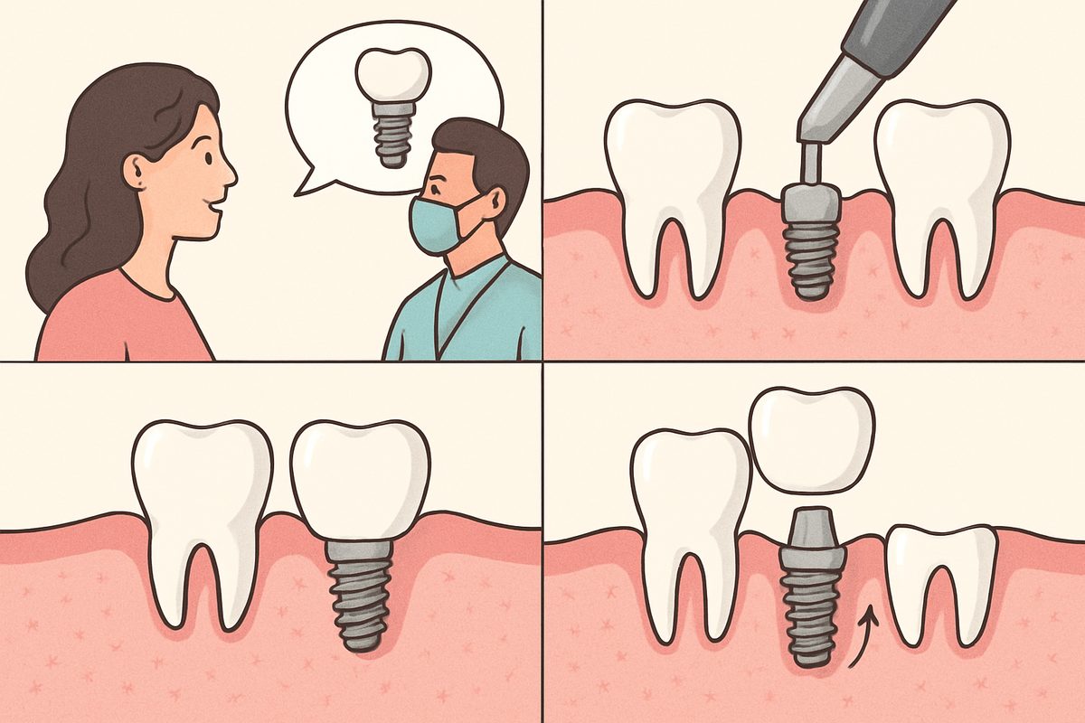 An infographic explaining the process of how dental implants are installed, starting with the consultation, surgical placement, healing, and final restoration. No text on the image.