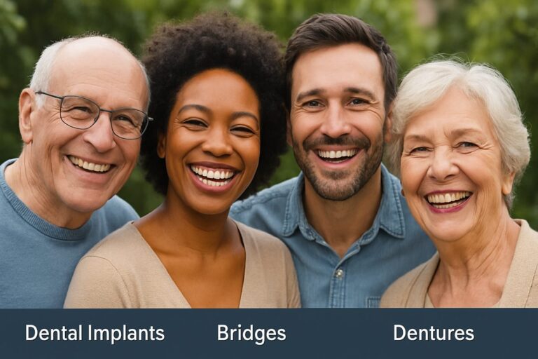 A diverse group of people smiling, showcasing various teeth replacement options: dental implants, bridges, and dentures. The image should be uplifting and informative, without any text on the image itself.
