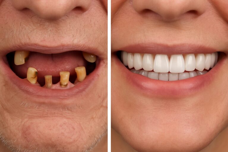 Image showcasing before and after results of implant supported dentures. The before image displays missing and damaged teeth, while the after image displays a perfect smile with implant supported dentures. No text on image.