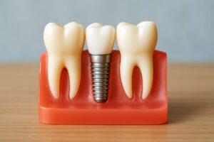 A dentist is consulting with a patient about reasonable dental implants, pointing to a model of a jaw with implants in place, showcasing different implant options. No text on image.