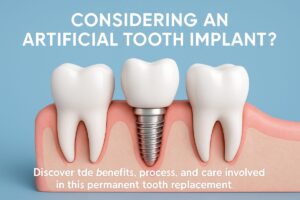 A close-up of a dentist carefully placing an artificial tooth implant into a patient's jawbone, showcasing the precision and detail of the procedure. No text on the image.