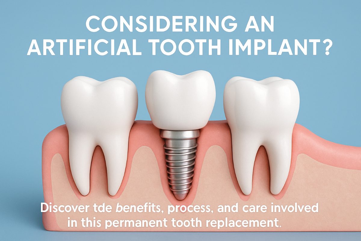 A close-up of a dentist carefully placing an artificial tooth implant into a patient's jawbone, showcasing the precision and detail of the procedure. No text on the image.