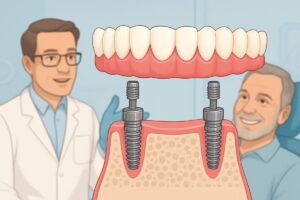 An illustration depicting two dental implants supporting a full set of prosthetic teeth, highlighting the "all on 2" concept, with a background showcasing a dentist explaining the procedure to a smiling patient. No text on the image.