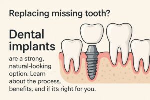 A dentist is explaining the process of replacing a missing tooth with a dental implant to a patient, using a model of a jaw with an implant in place. The patient is smiling, showing interest in the procedure. No text on the image.