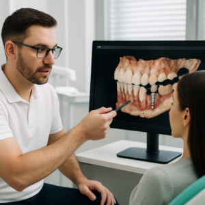 An image of a dentist consulting with a patient, pointing to a 3D scan showcasing implant and periodontal solutions. The image should be in a modern dental office setting. No text on the image.