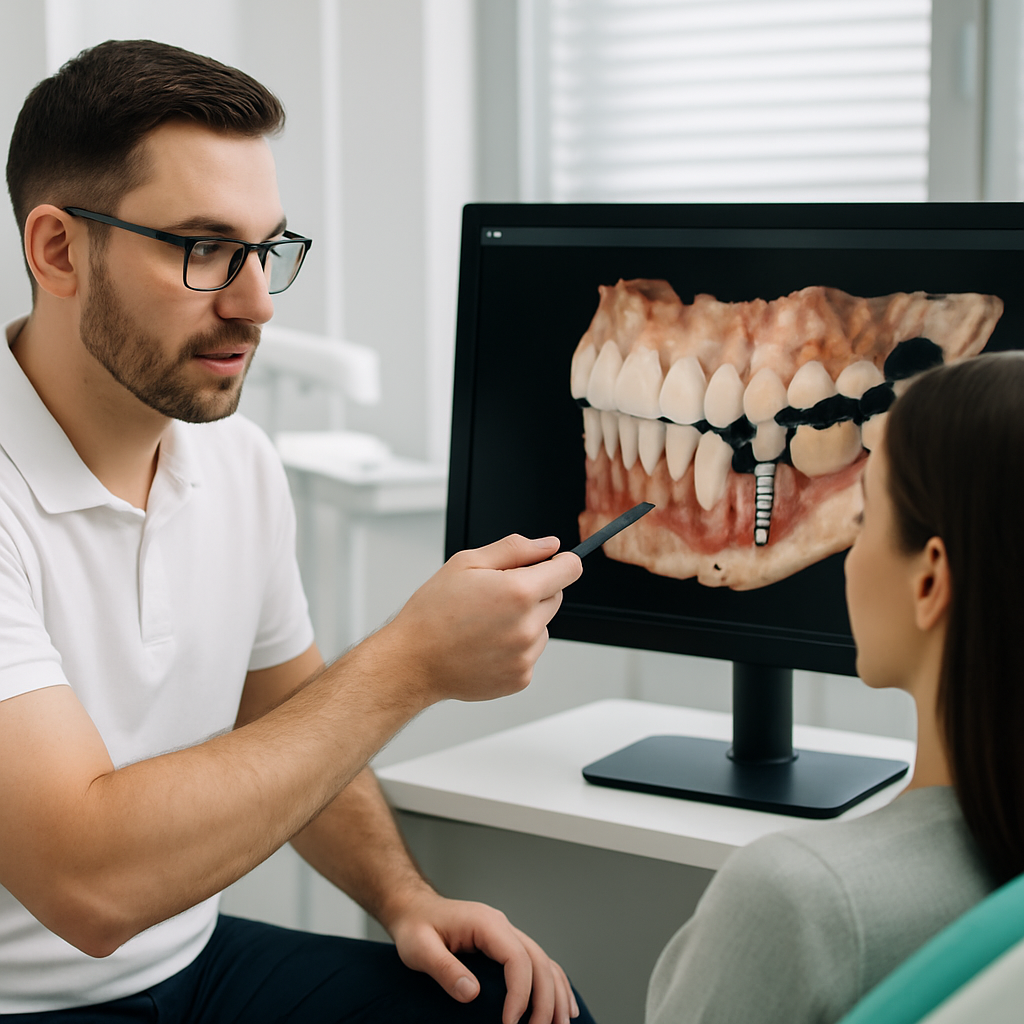 An image of a dentist consulting with a patient, pointing to a 3D scan showcasing implant and periodontal solutions. The image should be in a modern dental office setting. No text on the image.
